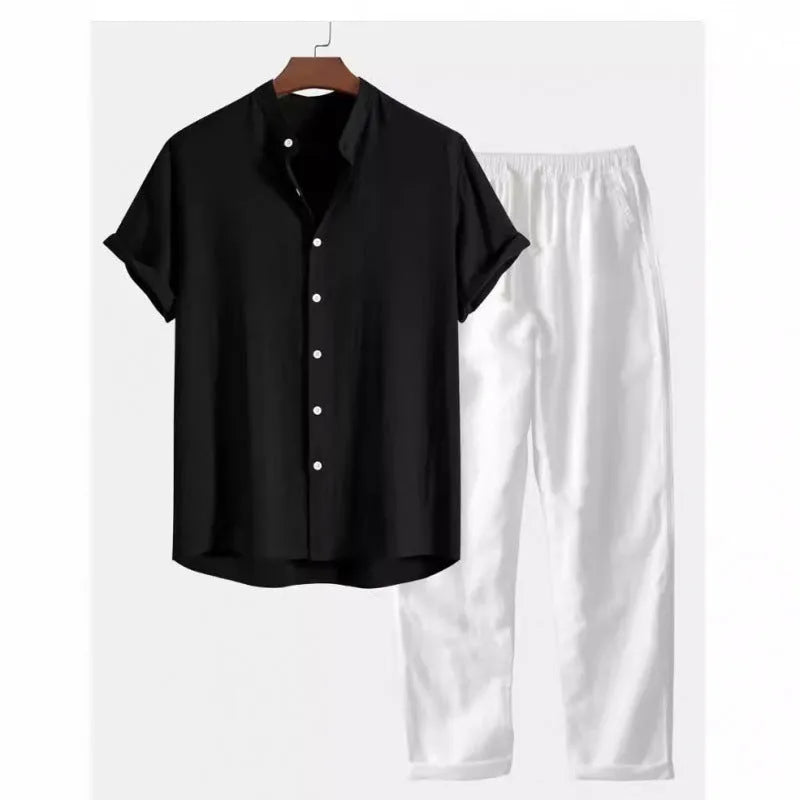 Man wearing a loose-fit short-sleeve shirt and trousers from a casual linen-blend suit set.