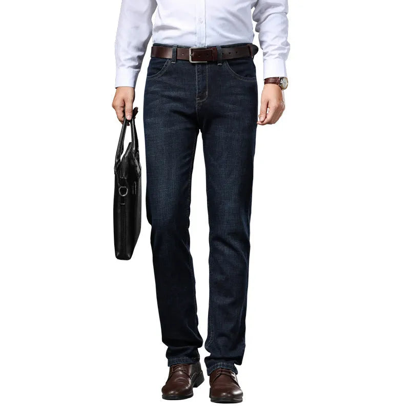 High-elasticity straight-leg denim jeans in black and blue colours showing business casual styling
