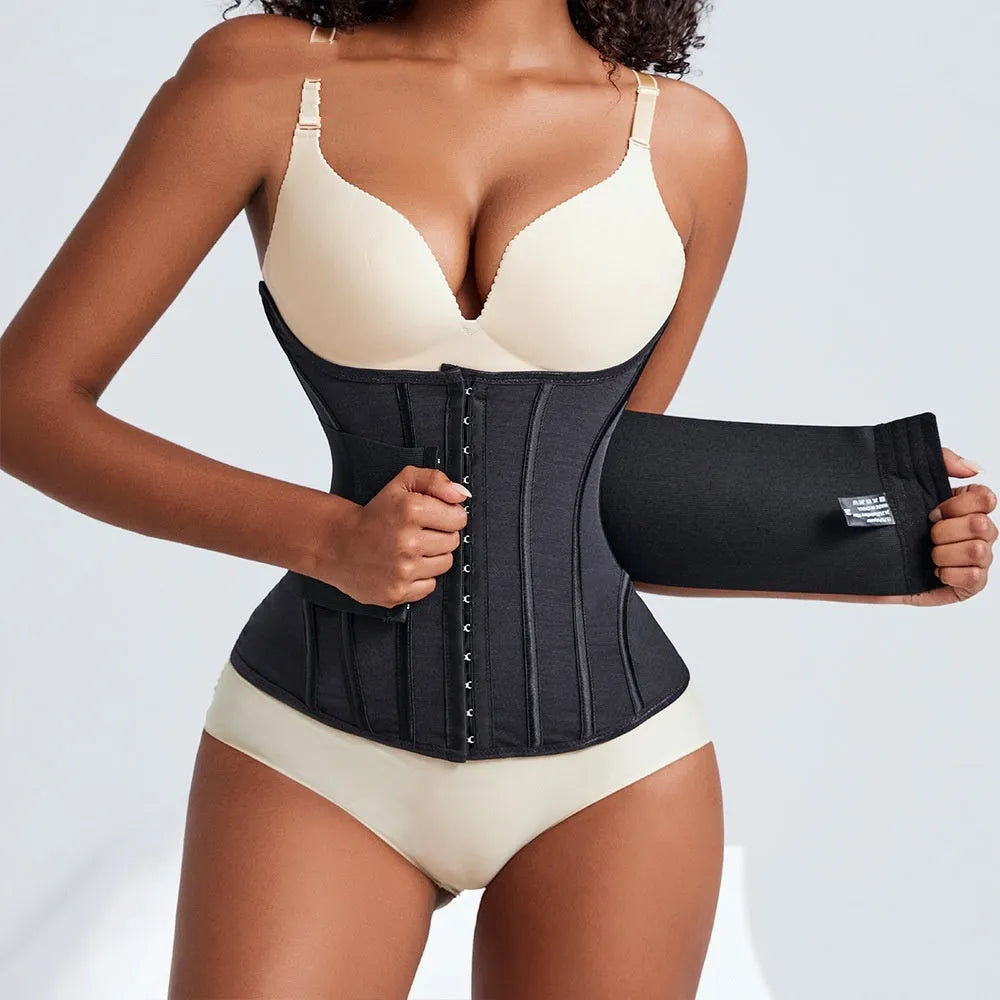 Nylon belly band waist trainer in black and apricot colours showing front view