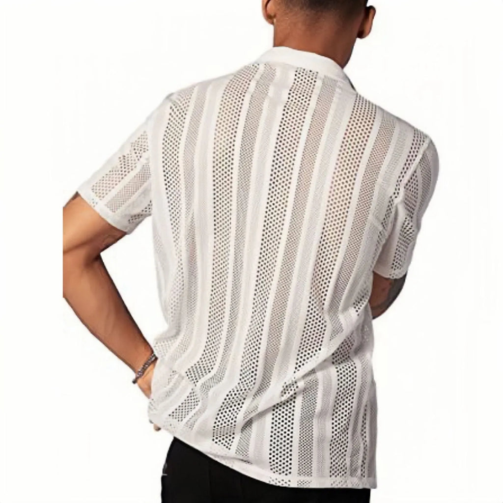 Men's black knitted short-sleeve button shirt with jacquard texture and cardigan style