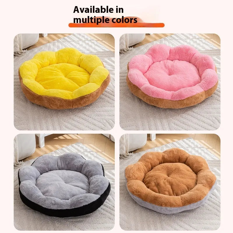 Round plush cat bed with detachable cover in yellow brown colour showing nest design