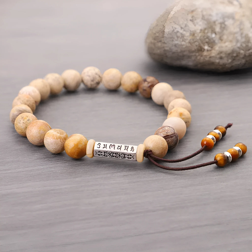 Handmade natural stone bead bracelet in wood colour with retro European American style design