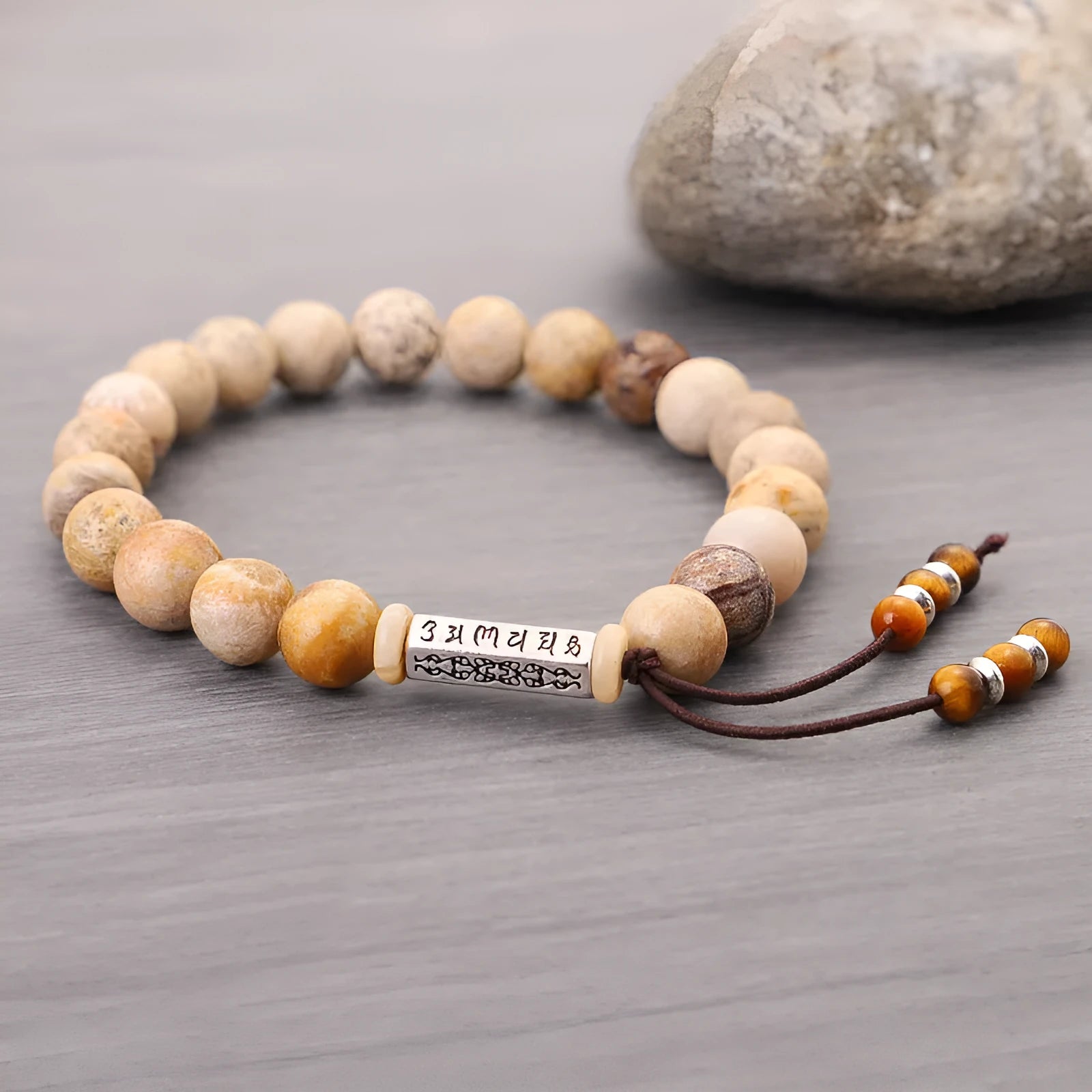 Handmade natural stone bead bracelet in wood colour with retro European American style design