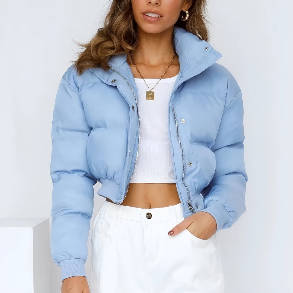 Women's loose fit polyester leisure jacket in blue colour with long sleeves