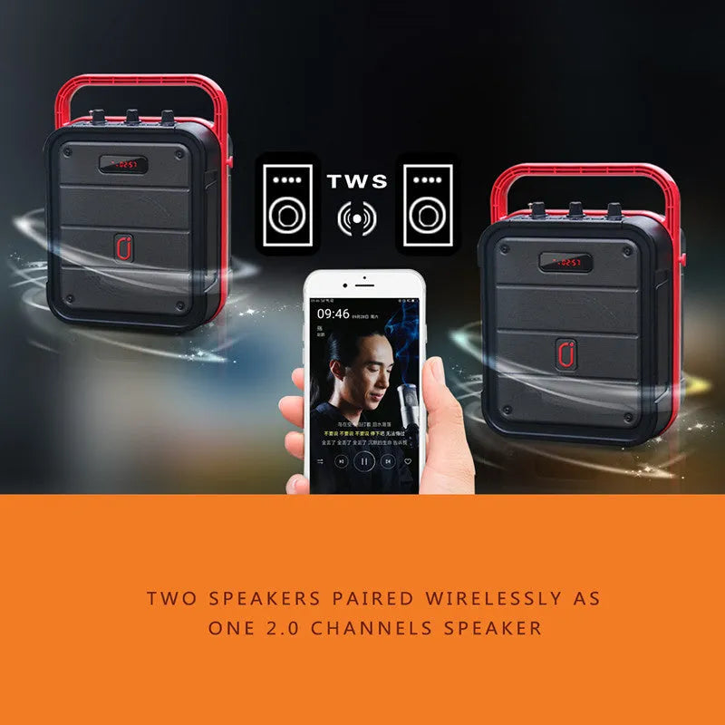 Portable MS62AI Bluetooth speaker with wireless microphone and remote control on a table