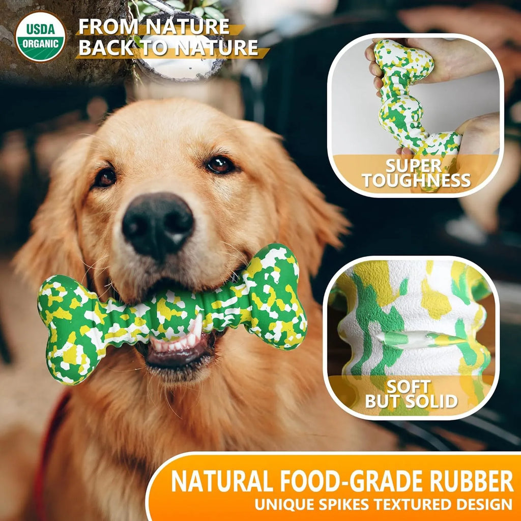 Natural rubber dog chew toy with camouflage pattern for large breed aggressive chewers in green, white, and yellow colours