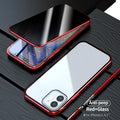 Magnetic privacy glass anti-spy protective case for iPhone in black, red, silver, gold, blue, and green.