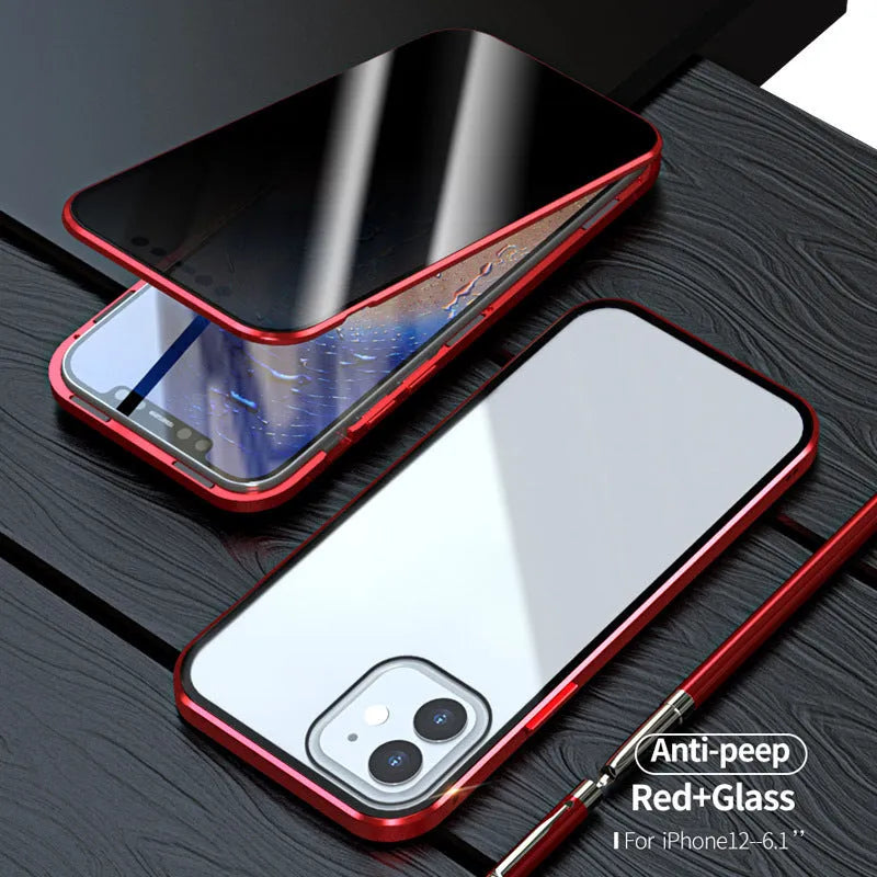 Magnetic privacy glass anti-spy protective case for iPhone in black, red, silver, gold, blue, and green.