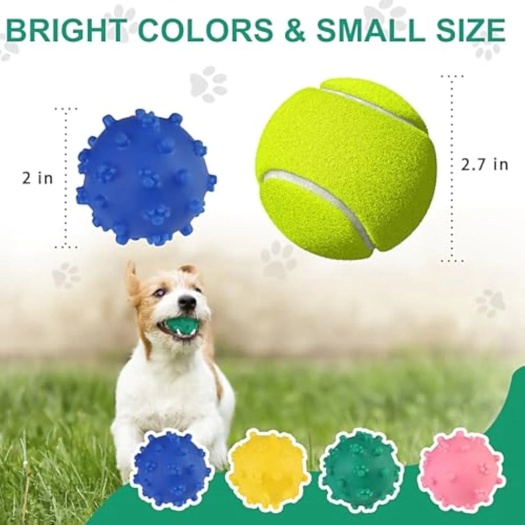 Blue spiky squeaky dog toy ball with paw print dimples measuring 2 inches in diameter
