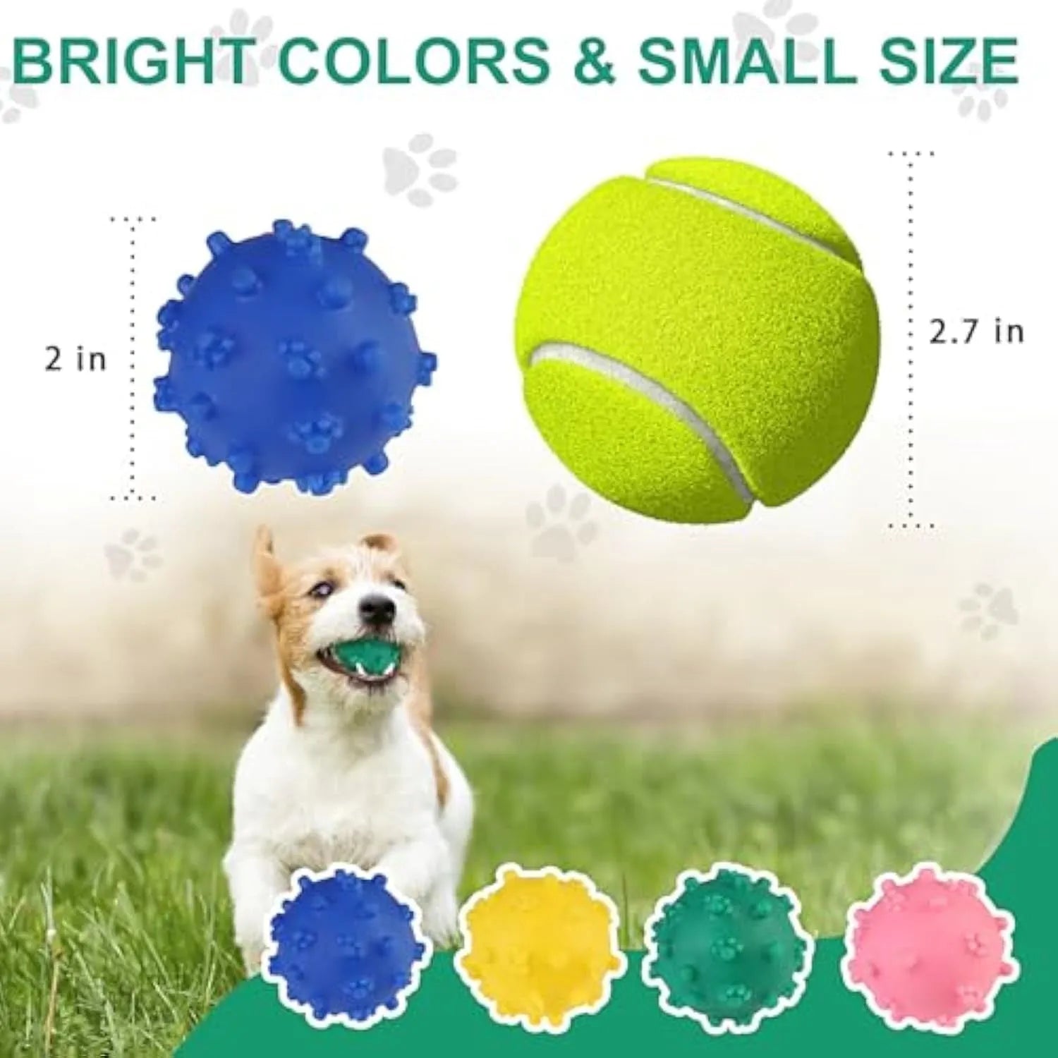 Blue spiky squeaky dog toy ball with paw print dimples measuring 2 inches in diameter