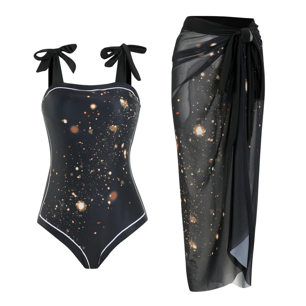 Women's floral print mesh tube top swimsuit with detachable skirt in polyester fabric