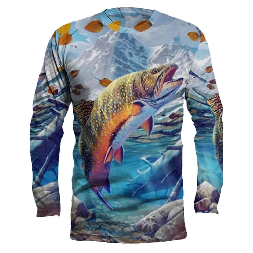 Men's grey round neck long sleeve pullover top with a colourful fish print design on the front.
