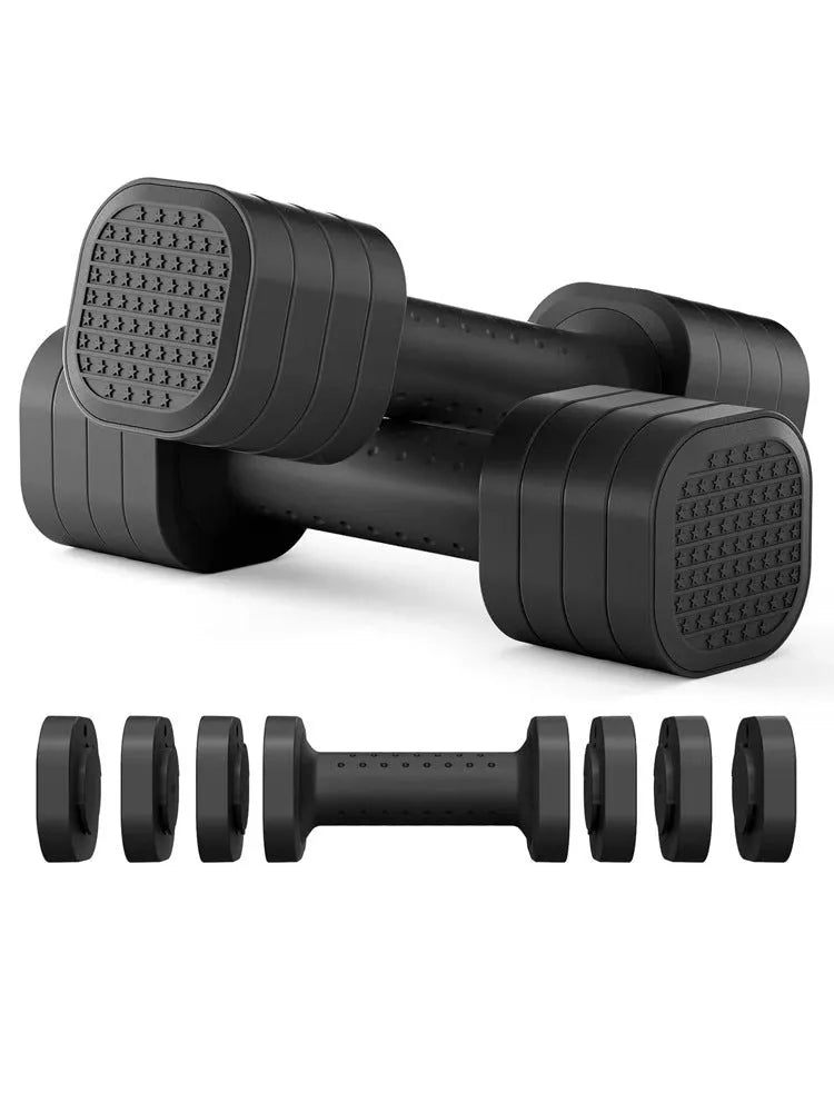 Pink and blue detachable dumbbell set for women's fitness on a plain background.