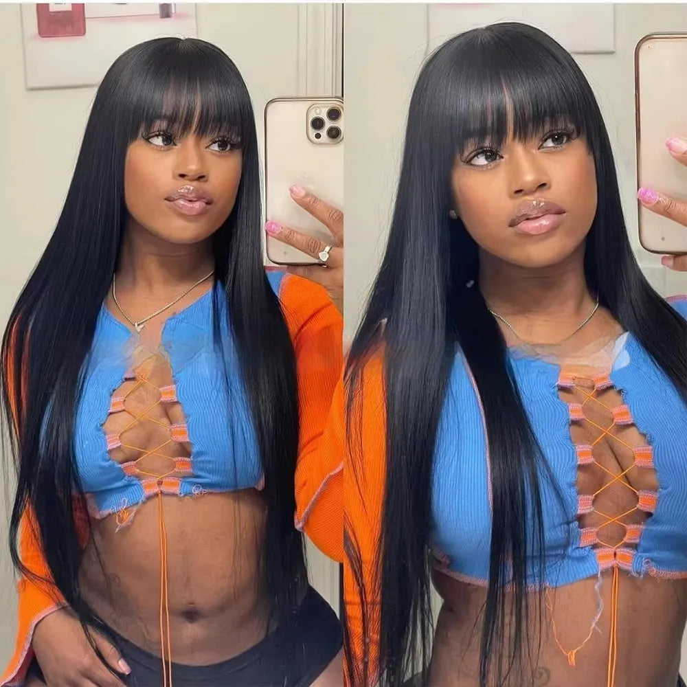 Natural colour straight fringe human hair wig with full-mechanism cap on a stand.