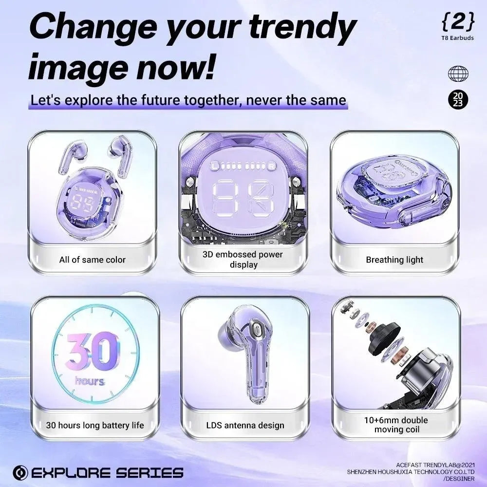 Transparent Bluetooth wireless earphones in five colour options with breathing light feature