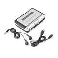Silver USB cassette to MP3 converter with USB cable and earphones for tape digitisation