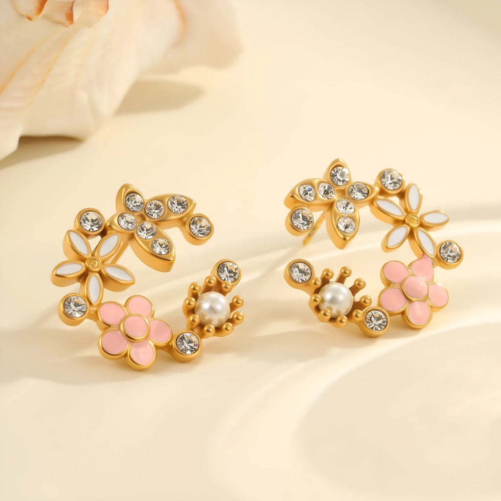 Women's stainless steel flower stud earrings with 18K gold plating and colourful diamond electroplating