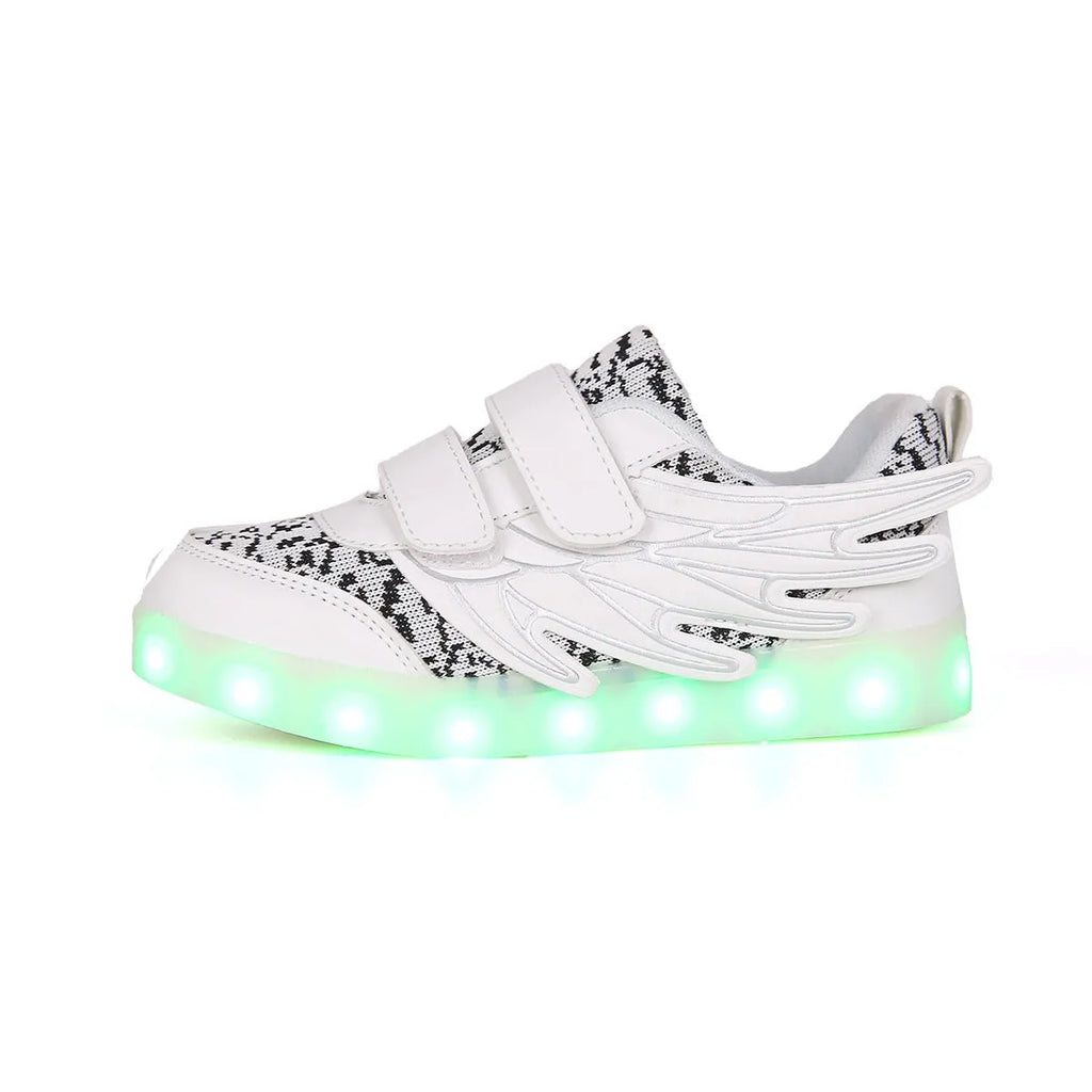 Children's plum red and white LED light-up sneakers with USB charging port and hidden colour selection switch