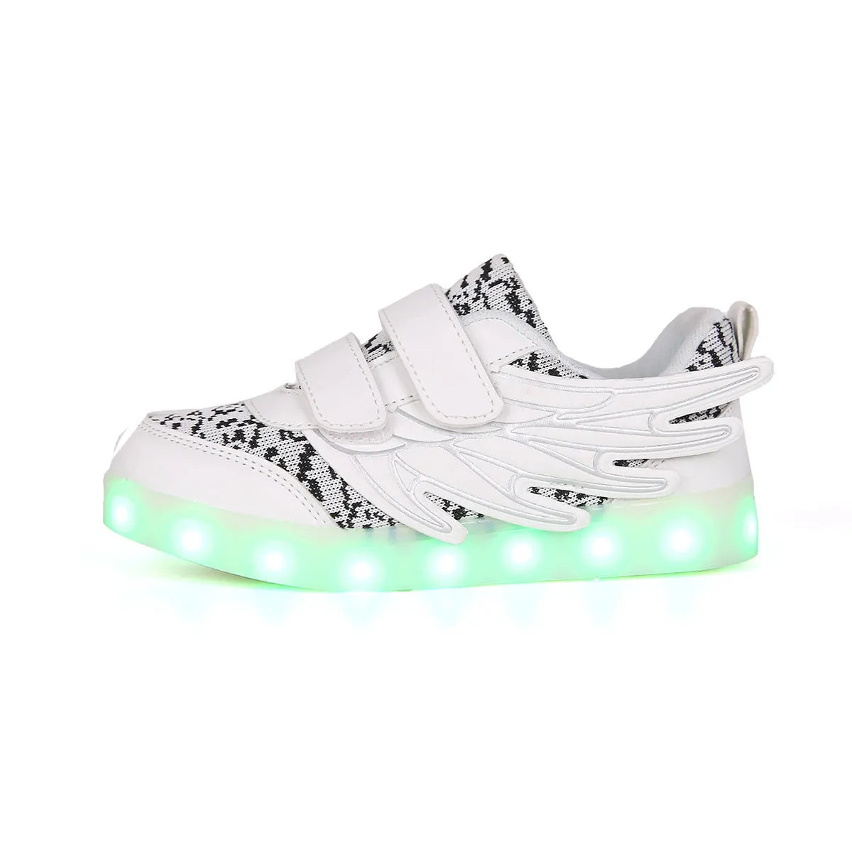 Children's plum red and white LED light-up sneakers with USB charging port and hidden colour selection switch