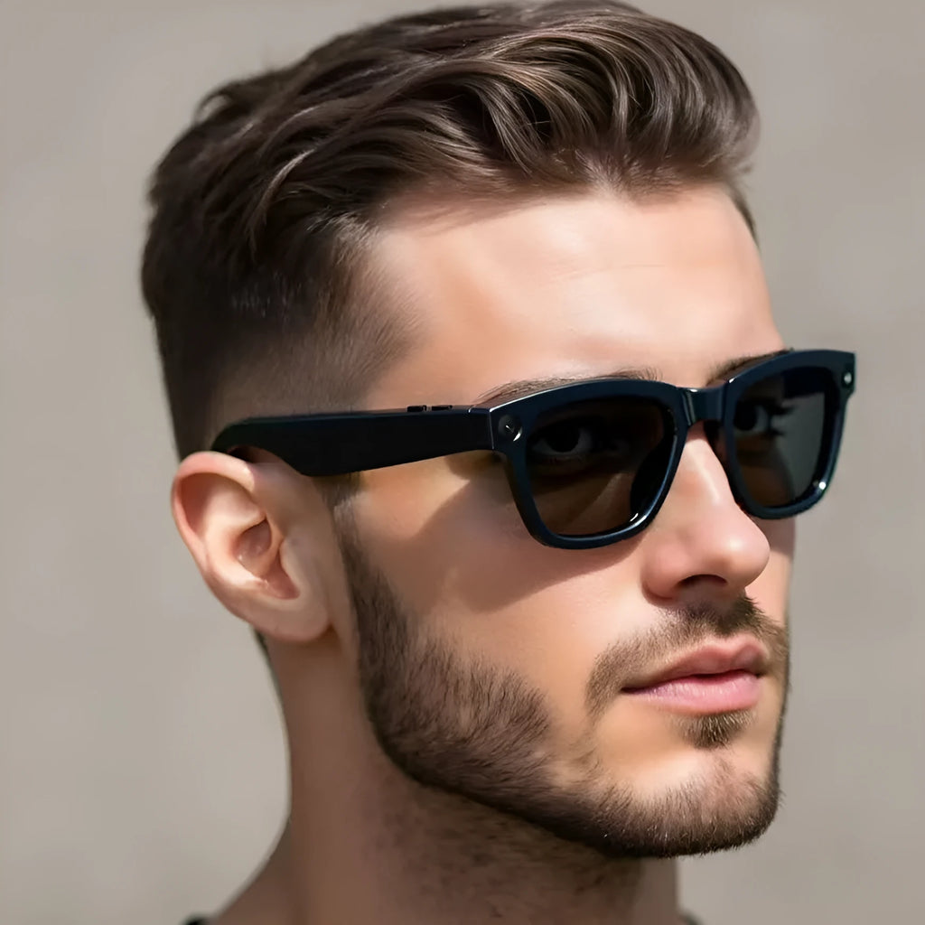 AI translation video glasses with black and transparent lens options, head-mounted design