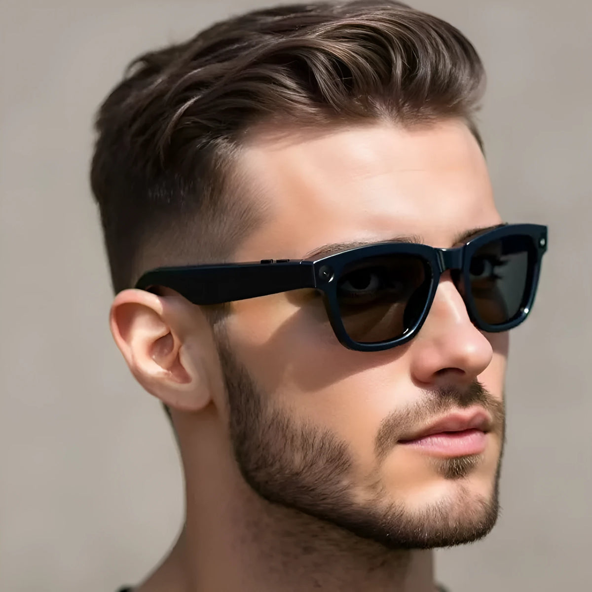 AI translation video glasses with black and transparent lens options, head-mounted design
