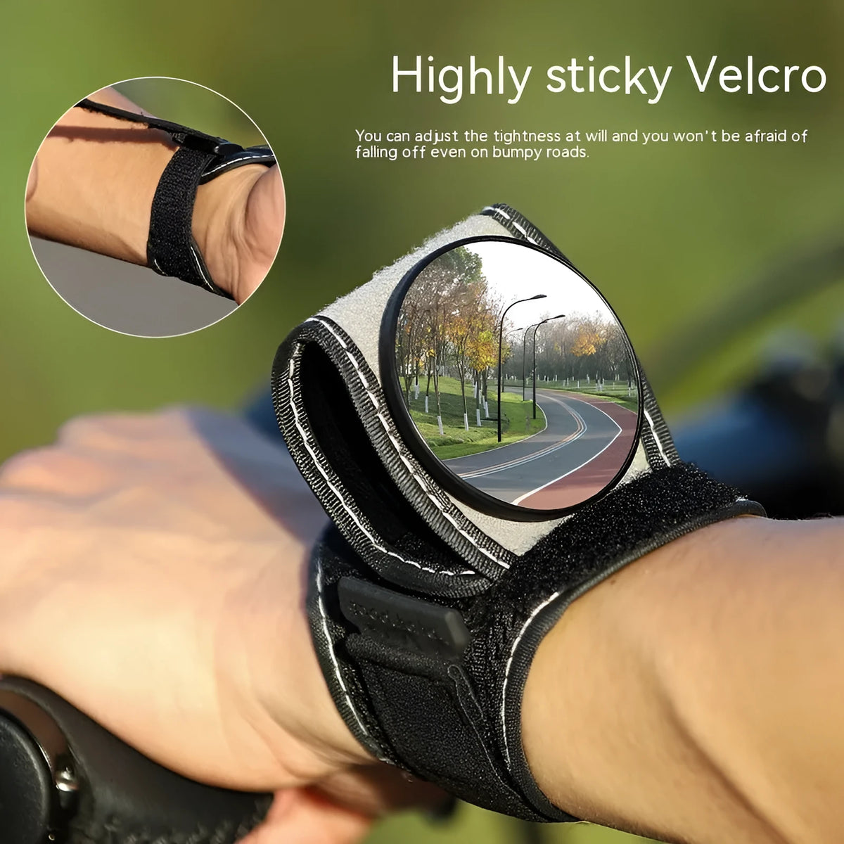 Black nylon wrist-mounted rear-view mirror for bicycle cycling safety