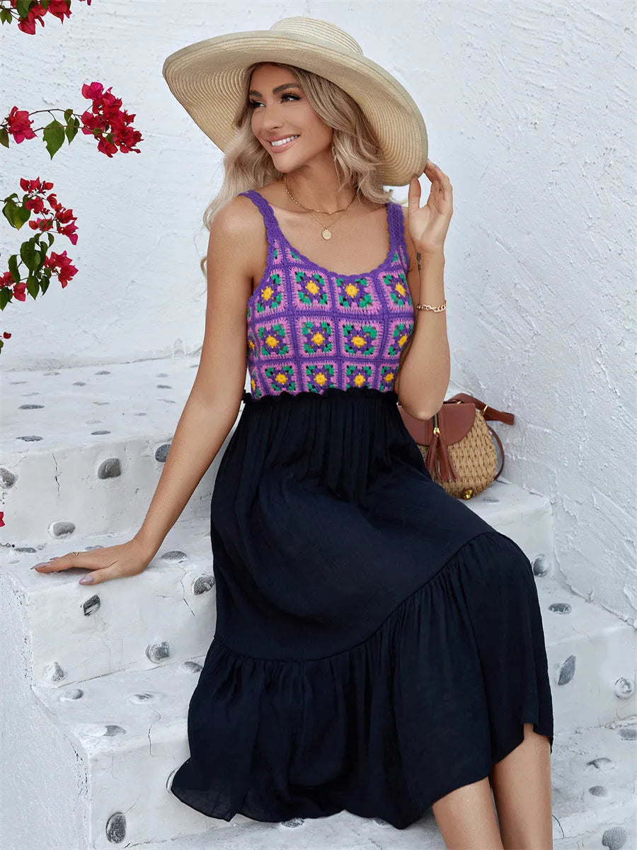 Purple sleeveless dress with hand-hooked white floral stitching and acrylic skirt.