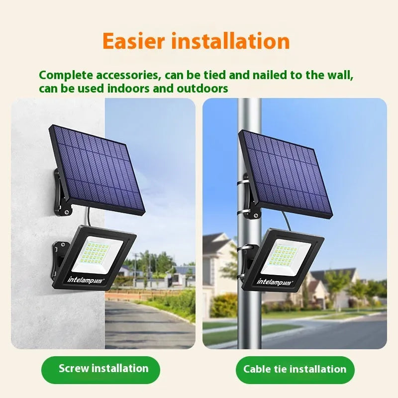 Outdoor solar LED courtyard light with waterproof IP65 rating showing three lumen options including 1200LM three-colour model