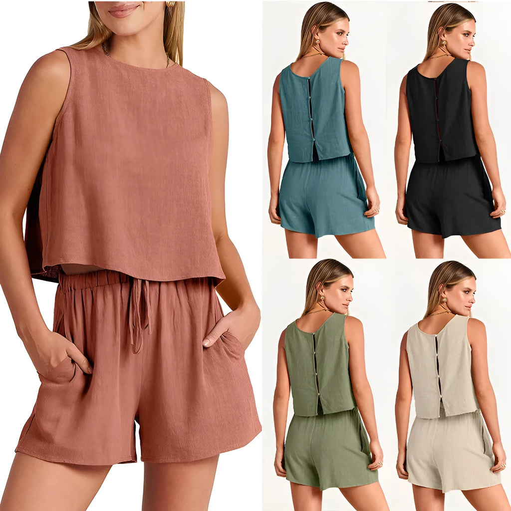 Women's apricot coloured sleeveless top and drawstring shorts summer set laid flat.