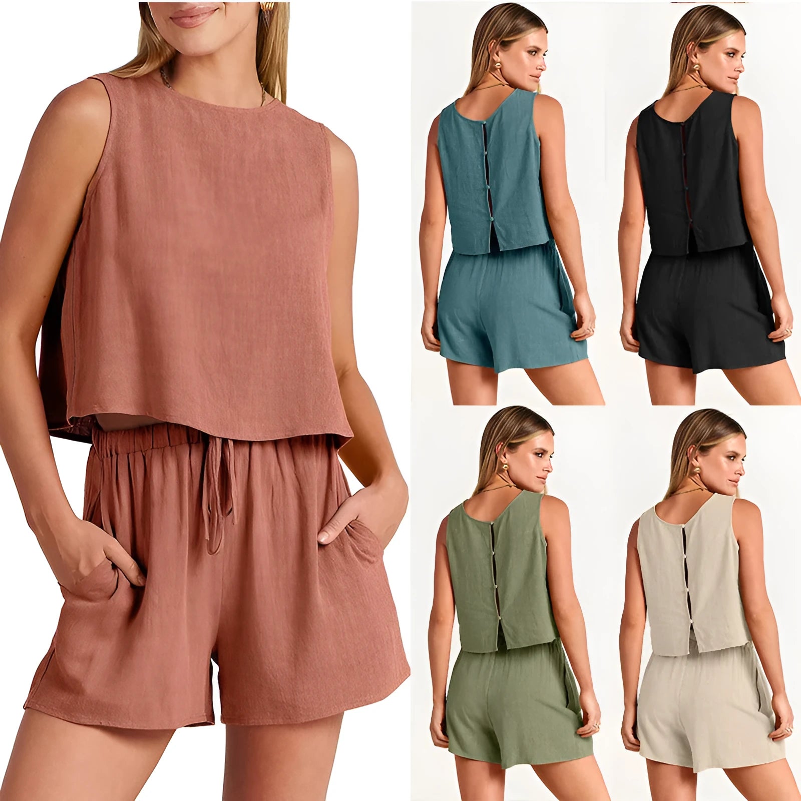 Women's apricot coloured sleeveless top and drawstring shorts summer set laid flat.