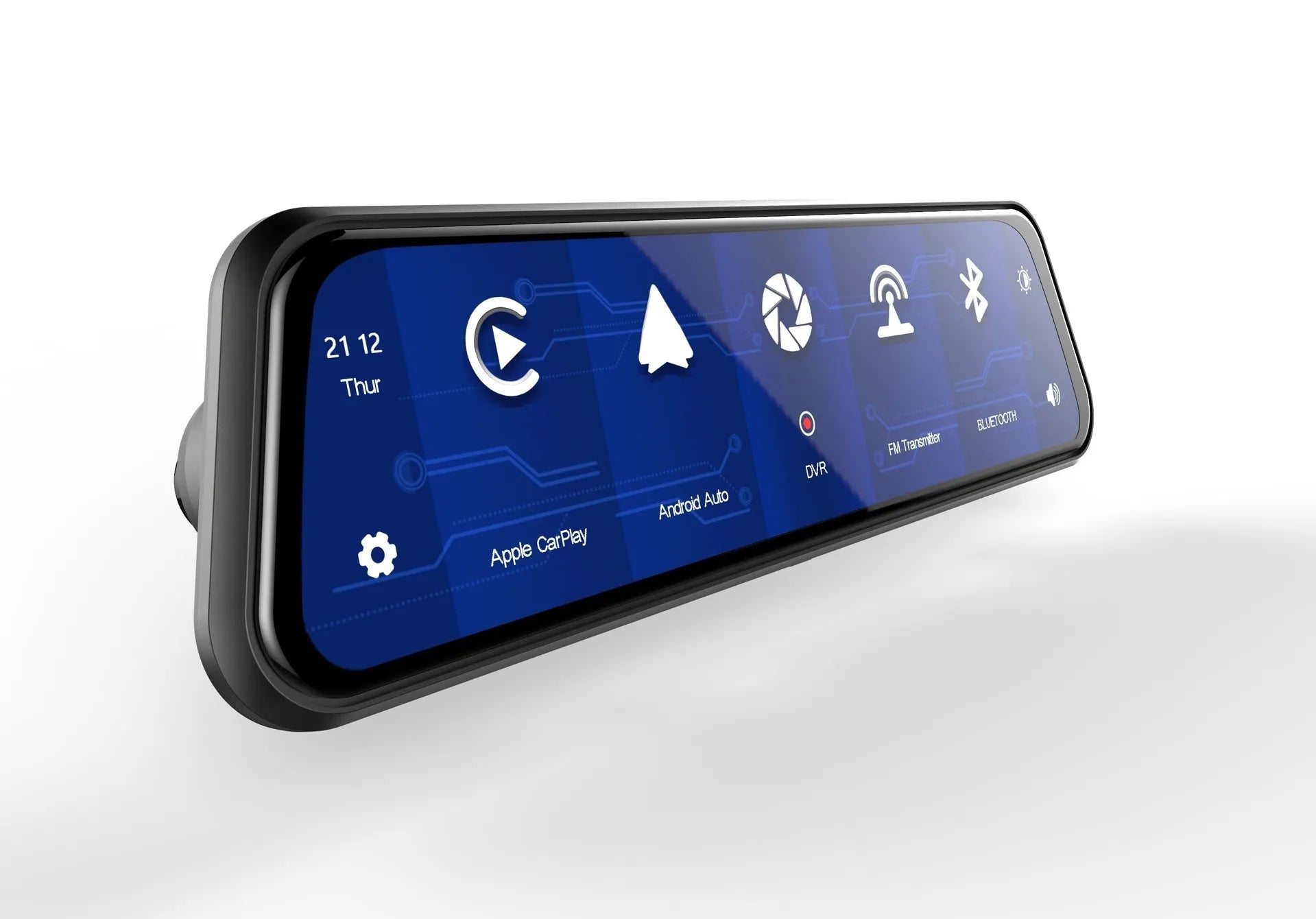 Dual lens car dash cam mounted on rearview mirror with 9.66-inch touch screen display