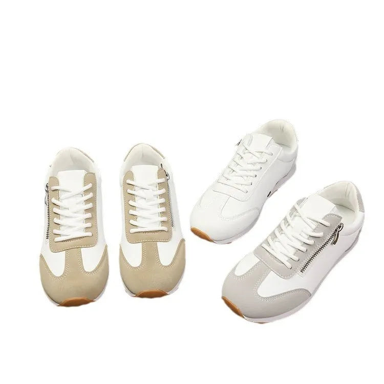 Women's flat-heeled shoes in artificial PU, available in Champagne, Gray, and White colour options.