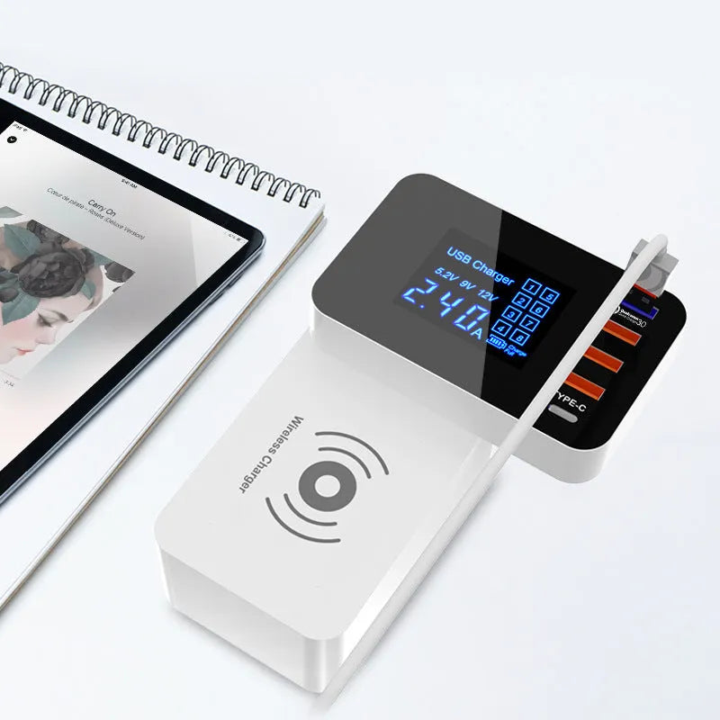 White multi-port USB fast charger with wireless charging pad and 1.5m cable