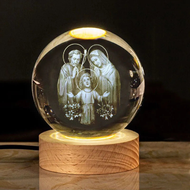 White crystal ball desk ornament on solid wood base with inner paper purity scenes