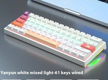 Blue and white 61-key compact mechanical keyboard with hot-swappable switches on black background