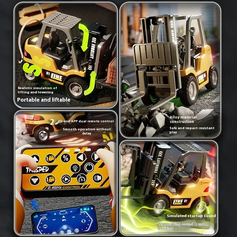 1:64 scale Bluetooth remote-control alloy forklift model with obstacle course accessories