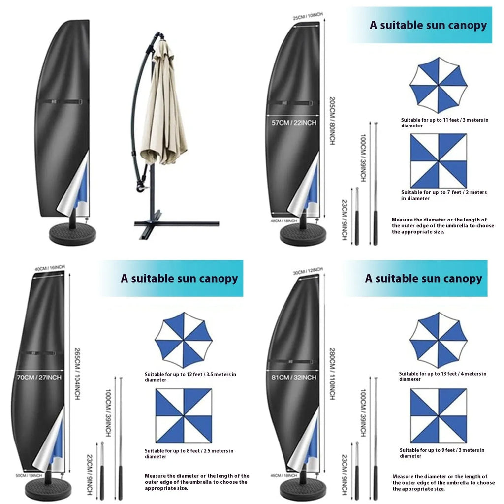 Waterproof outdoor banana umbrella cover in Oxford cloth, available in black or grey with five size options