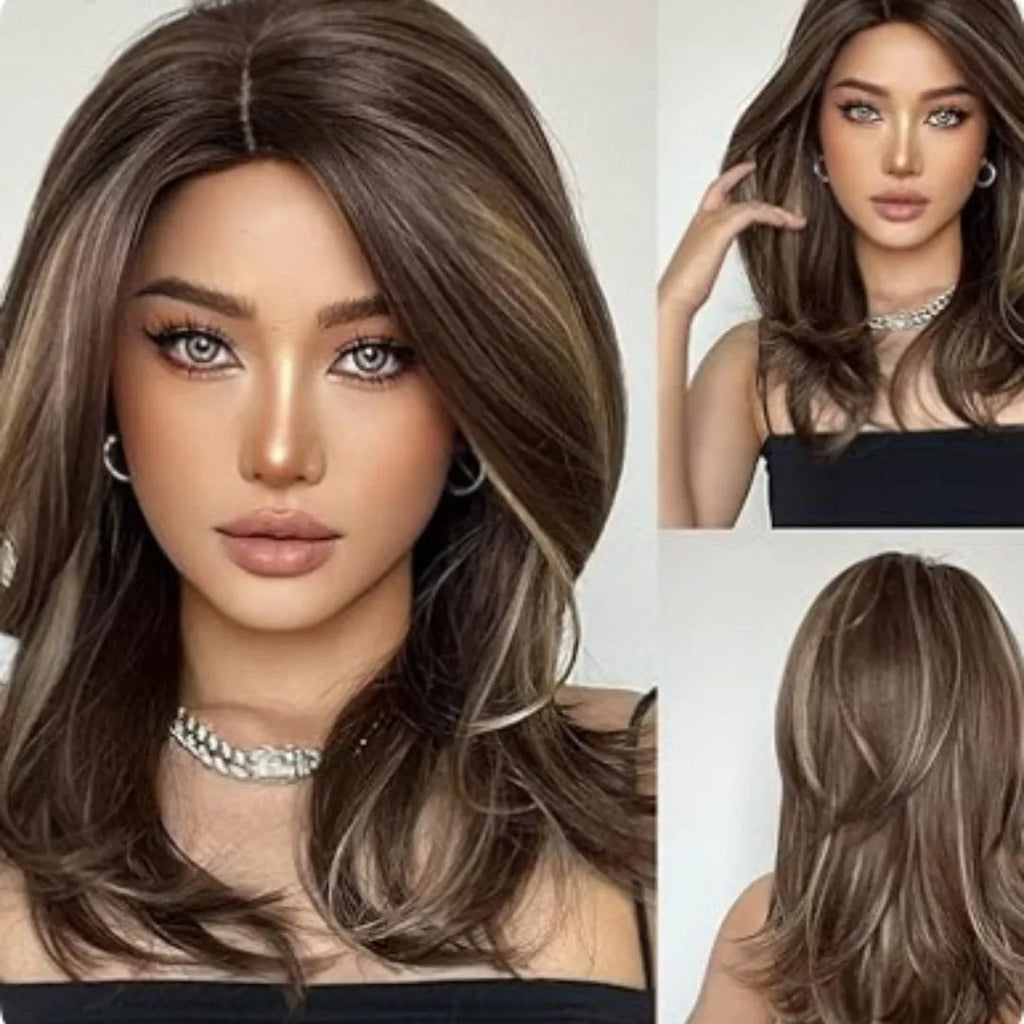 Mid-length platinum gradient colour full-head wig with long curly hair and bangs in high-temperature fibre