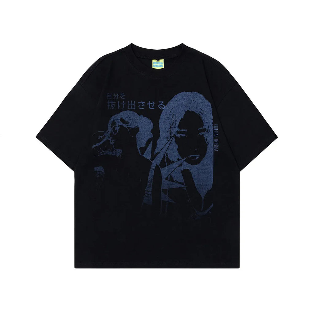 Men's grey cotton T-shirt with character design pattern, loose-fit pullover with short sleeves