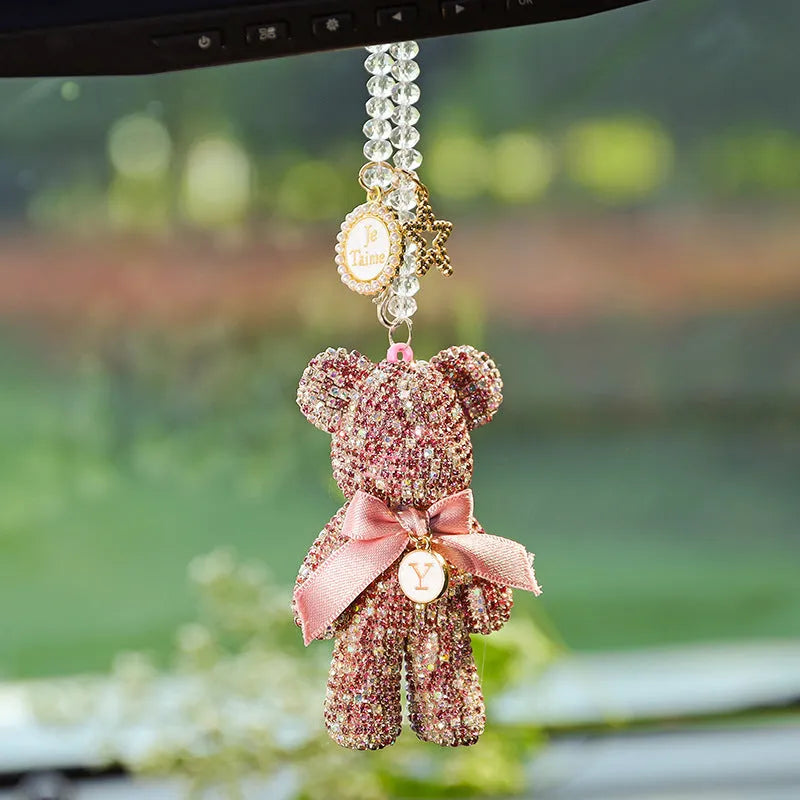 Violent bear-shaped car mirror pendant with embedded rhinestones in three colour options