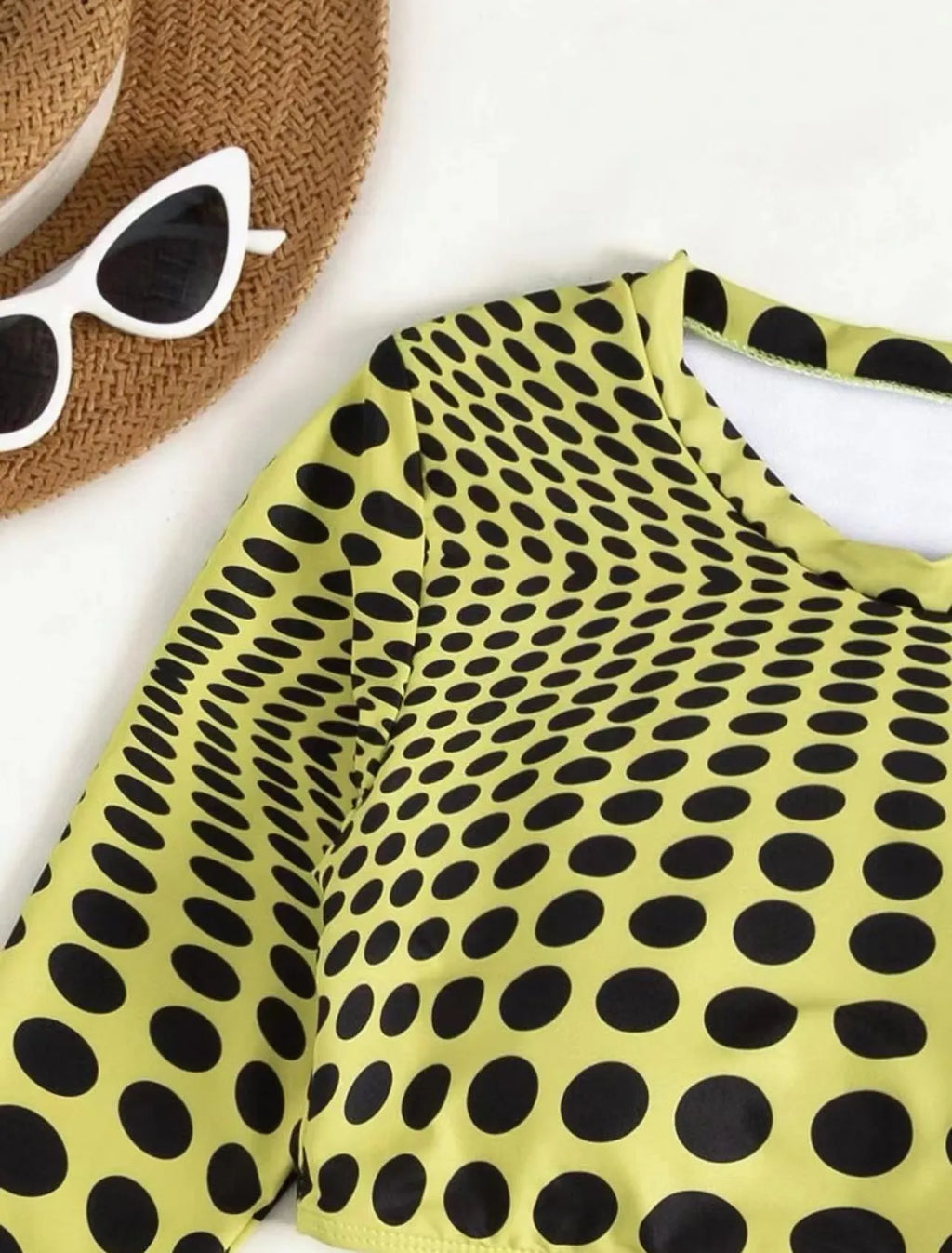Women's polka dot swimsuit three-piece set in green colour with bra, top, and skirt