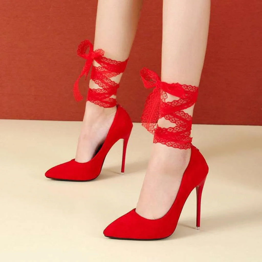 Women's black high heel sandals with shallow vamp and lace straps on 12cm heels