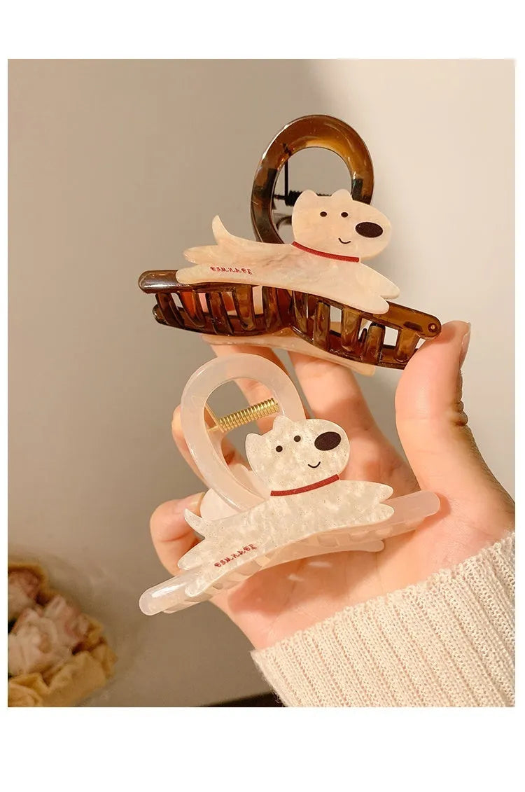 Cartoon puppy handle hair barrette in Korean style, shown in beige and brown colour options