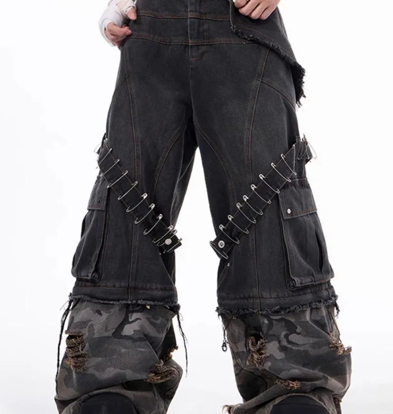 Men's grey camouflage jeans with structural splicing and pin/ribbon details on cotton denim fabric