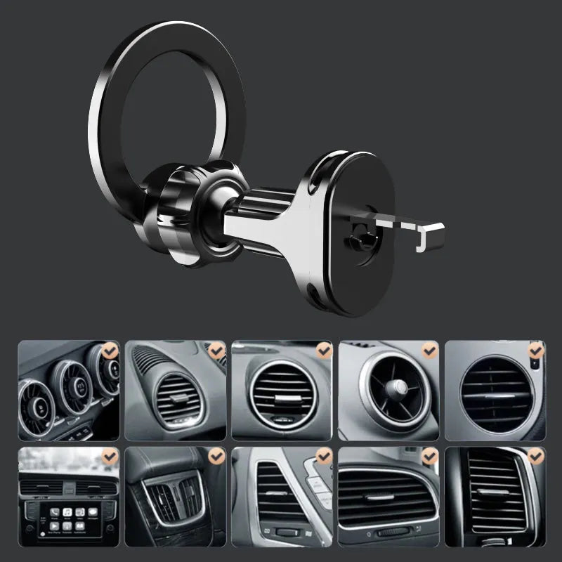 Black magnetic car air vent phone holder with O-ring design for smartphones up to 6.8 inches