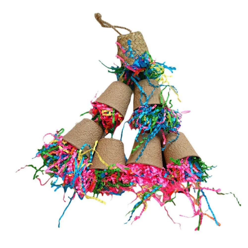 Natural wood-coloured palm weaving parrot gnawing toy in a paper cup shape, hanging.