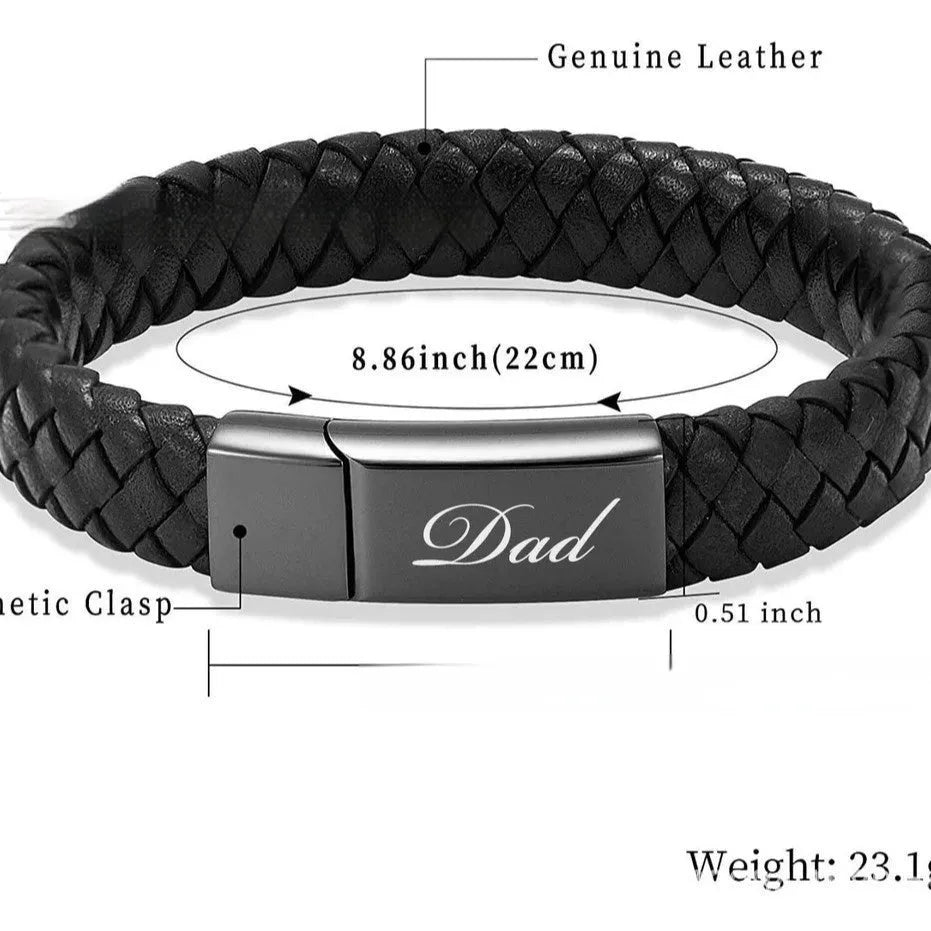Black leather and stainless steel woven casket bracelet with engraved English letters