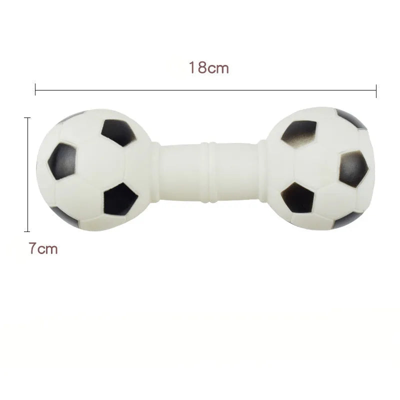 Brown orange white yellow football dumbbell shaped PVC dog chew toy with squeaker