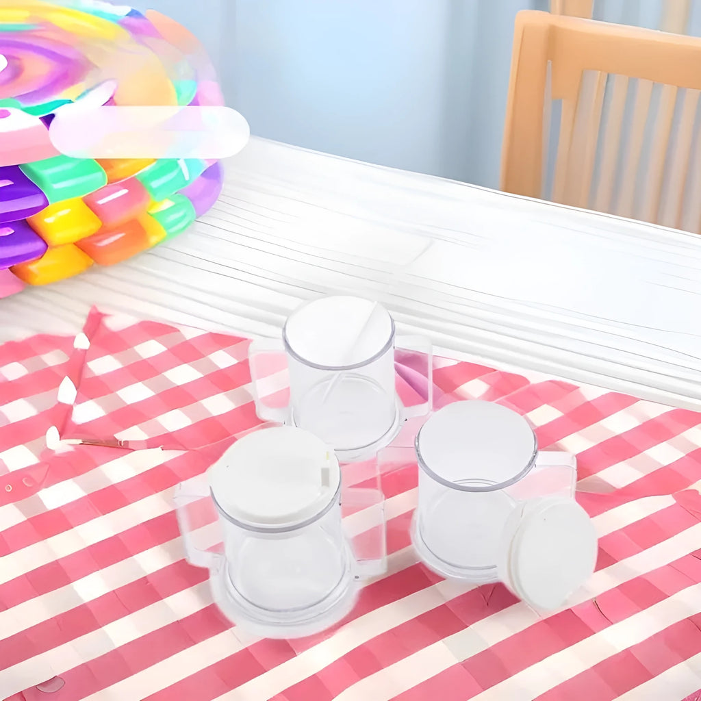 Transparent plastic drinking cup with spill-proof design showing 301-400ml capacity