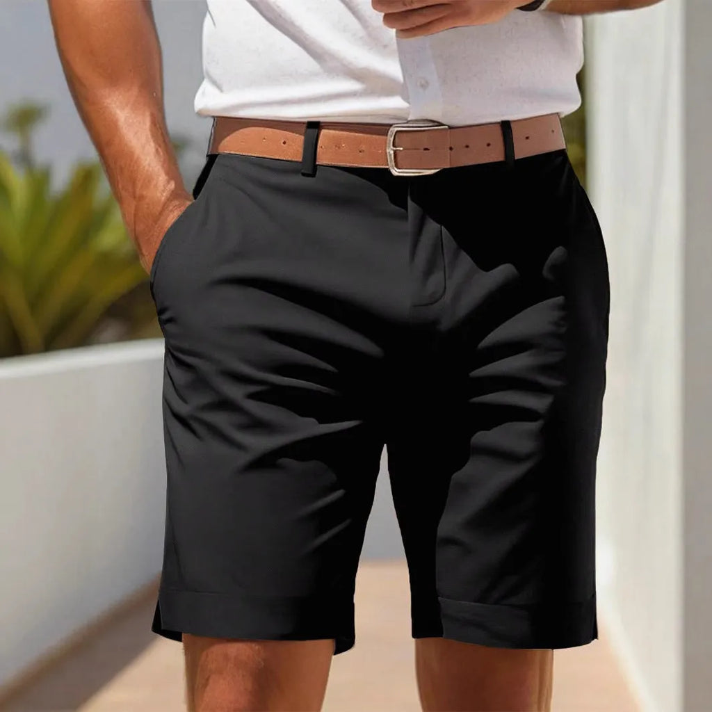 Men's light gray polyester business suit shorts with straight leg cut